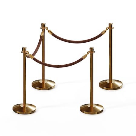 Montour Line Stanchion Post and Rope Kit Sat.Brass, 4 Crown Top 3 Tan Rope 4-SB-CN-3-PVR-TN-PB